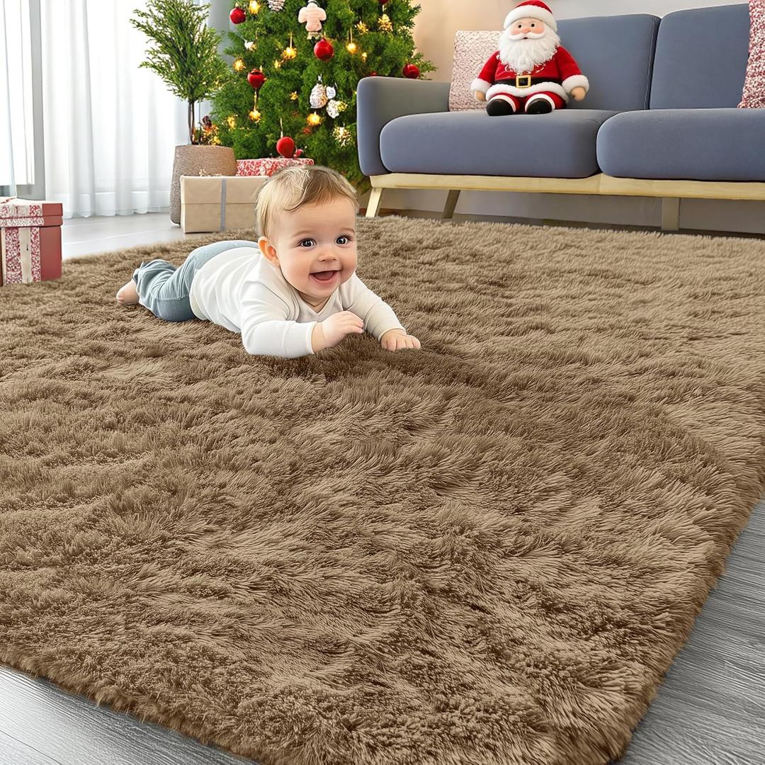 OLANLY Area Rugs for Living Room Bedroom, Machine Washable 4x5.9 ft Soft Fluffy Shaggy Bedside Rug, Indoor Floor Carpet for Kids Girls and Boys, Dorms, Nursery Rooms, Home Decor Aesthetic, Khaki