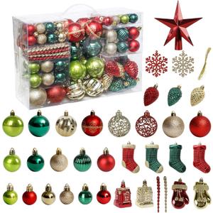ROSELEAF 132pcs Christmas Tree Decoration Set - Red, Green & Gold Shatterproof Hanging Ornaments - Folk Art Style - Christmas, Wedding, Anniversary