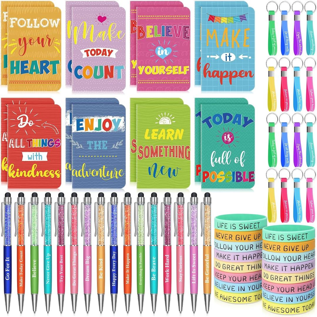 PerKoop 64 Pcs Inspirational Gifts Bulk 16 Motivational Notebooks Journal 16 Ballpoint Pens 16 Wristbands 16 Keychains for Teacher Office Women Employee Party Favor(Colorful)