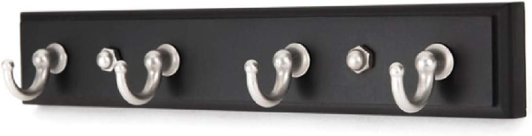 Key Hook Rack for Wall Mount & Self Adhesive Use, 4 Satin Nickel Hooks on New Zealand Pine Wood Board Organizer for Keys, Coats, Bags & Accessories