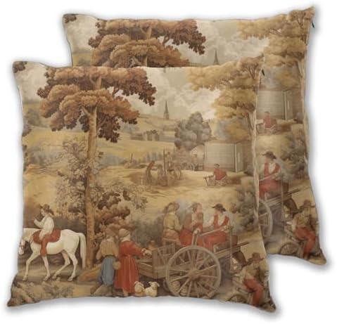 Vintage French Toile Country Throw Pillow Covers 18 X 18 Inch Set of 2 Pillow Cases Decoration Cushion Cover for Sofa Bedroom Living Room Outdoor