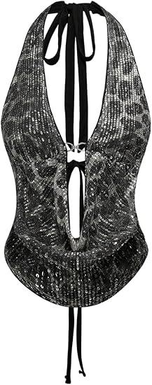 Women's Cheetah Print Sequin Top Y2K Tie Back Corset Halter Going Out Crop Tops. Used.