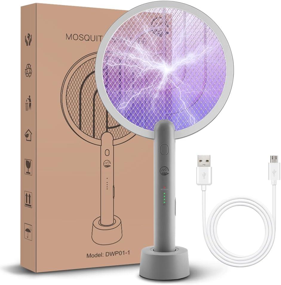 Electric Fly Swatter Racket, Mosiller 2 in 1 Smart Bug Zapper with USB Rechargeable Base, Powerful Mosquitoes Trap Lamp & Fly Killer with 3-Layer Safety Mesh for Home, Bedroom, Kitchen, Patio1 Pack