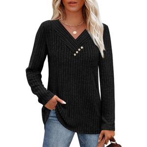 SAMPEEL Sweaters for Women Long Sleeve Shirts V Neck Tops with Buttons Fall Fashion Outfits Winter Clothing 2025 (XX-Large, Black)