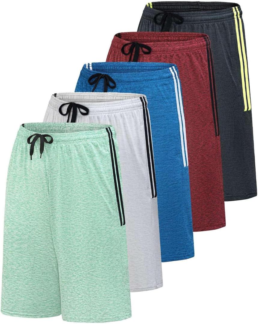 Real Essentials Mens 5 Pack: 9" Dry-Fit Shorts  Athletic Gym, Workout, Basketball, Running, Casual Lounge Active Pockets (Medium)
