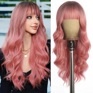 Pink Wig with Bangs Long curly wavy Wig for Women Powder wig with Natural Black Root, Skin-Friendly Synthetic Fibersc for Festival Holiday Use 26IN