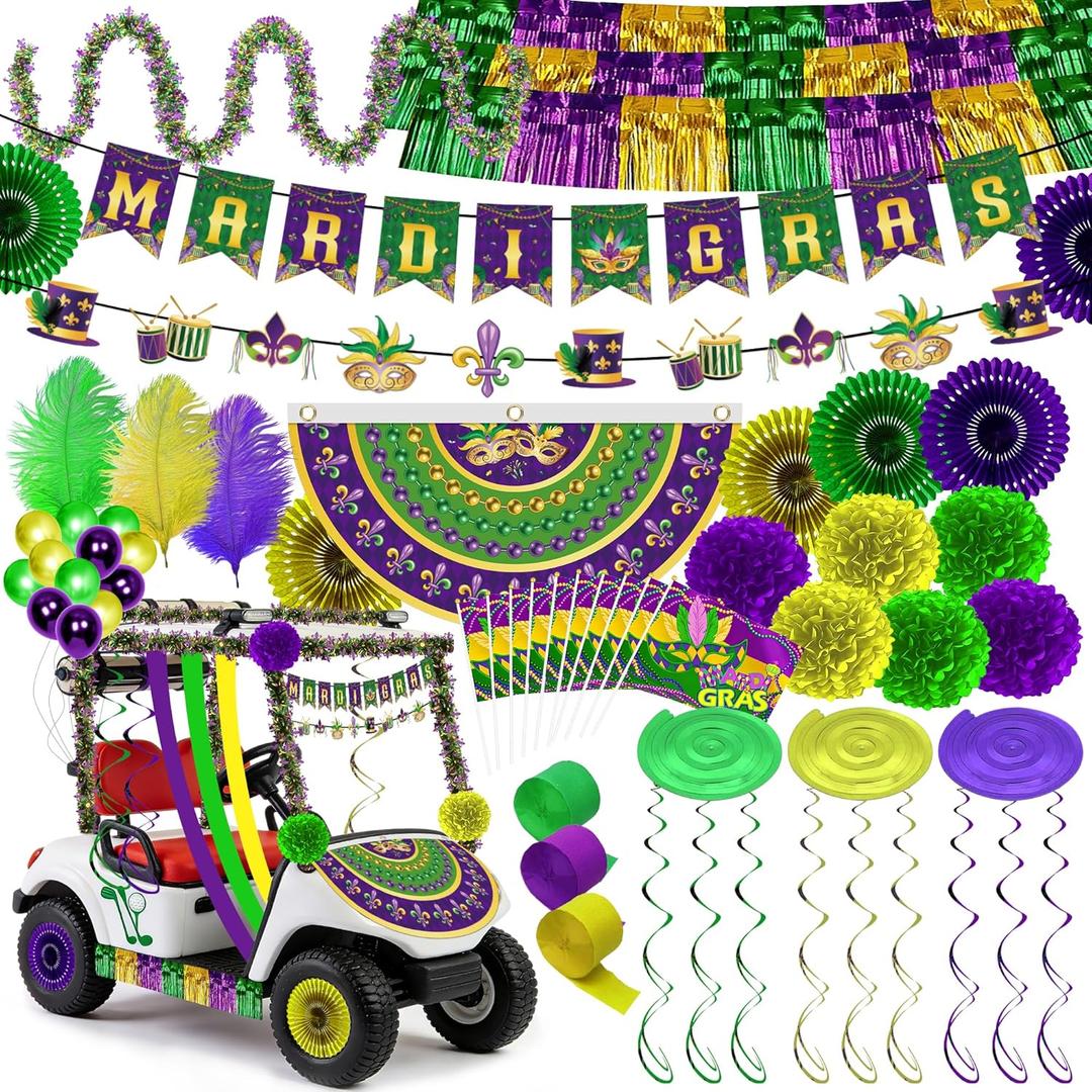 Mardi Party Float Decorations - 58 Pcs Banner Handheld Fan Flags Balloon Fringe Garland Crepe Paper Fans Pompoms Hanging Swirls Strips Feather Decor Set Carnival Supplies for Golf Cart