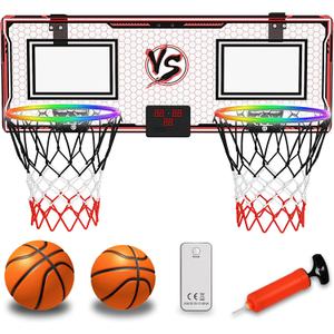 LED Basketball Hoop for Kids - Over The Door Indoor Hoop with Electronic Scoreboard & 3 Mini Balls, Birthday Gift for Boys Girls Ages 5 6 7 8 9 10 11 12+ Years Old (Double)