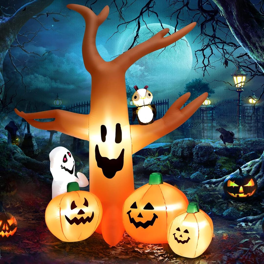 GOFLAME 8 FT Halloween Inflatable Dead Tree with Pumpkins, Ghost and Owl, Blow up Yard Scary Tree with Bright LED Lights, Built-in Sand Bag, Outdoor Holiday Decoration for Party, Lawn, Garden, Patio