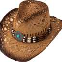 QWINEE Ombre Bead Decor Hollow Out Cowboy Hat Straw Cowboy Cowgirl Hats Summer Beach Sun Hat for Women Men (One Size, Khaki)