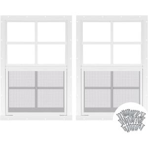 Tandefio 2 Pcs 14''x21'' Black Shed Window Transom Windows for Chicken Coop with Tempered Glass and Screen Household Windows with Vertical Slider and Screws for Mobile Home Sheds Barns (White)
