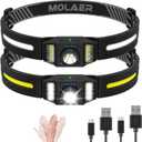 LED Headlamp Rechargeable 2PCS, Wide Beam Bright Headlight Flashlight with White Red Light, Lightweight, Weatherproof, 9 Modes Motion Sensor Head Lamp for Outdoor Camping Running