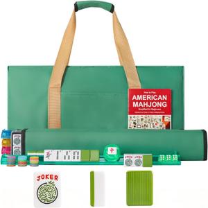 American Mahjong Game Set, 166 Green Tiles, 4 All-in-One Color Rack/Pushers, Complete Mahjong Tile SetGreen Carrying Bag