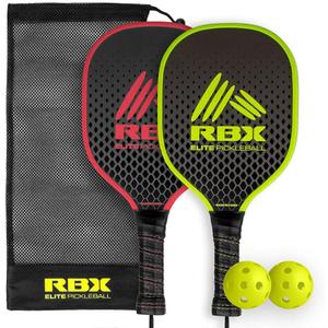 RBX Pickleball Equipment Set (2 Pack 2 Paddles, 2 Balls) Pickleball Game for Kids Premium Wooden Paddles, Ergonomic Grip Design, Durable, X-40 Outdoor Balls (Red/Volt Frame)