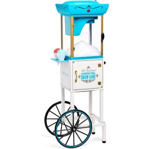 Nostalgia Snow Cone Shaved Ice Machine - Retro Cart Slushie Machine Makes 48 Icy Treats - Includes Metal Scoop, Storage Compartment, Wheels for Easy Mobility - White, Blue