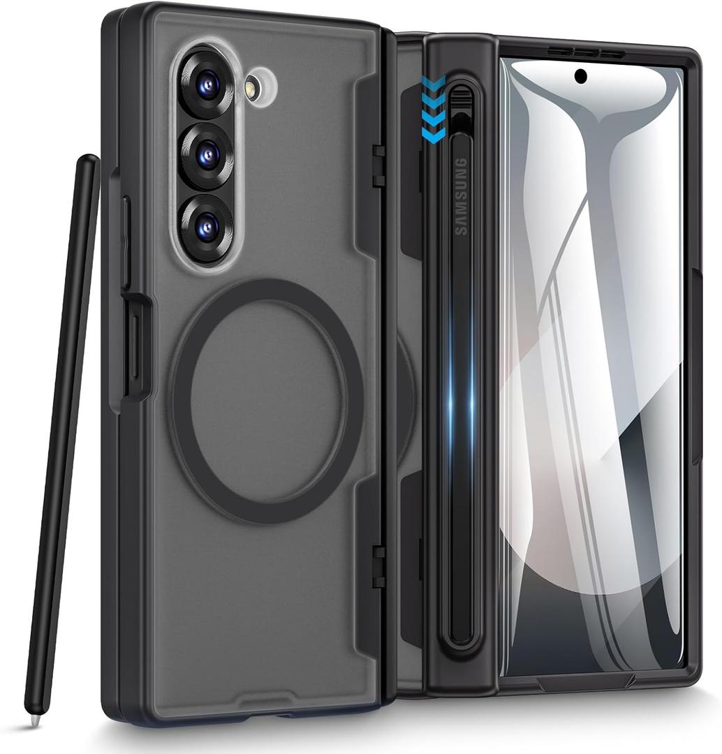Caka for Samsung Galaxy Z Fold 6 Case [Thinner S Pen Holder Slot] [Magnetic Charging] [Hinge Protection] [Built-in Screen Protector] Translucent Hard Shockproof Magnet Phone Cover for Fold6 - Black
