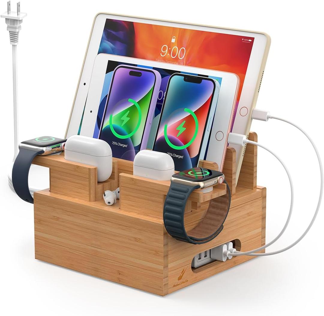 Pezin & Hulin Bamboo Charging Station for Multiple Devices, with Power Charger, Wire Cables 5 Pack, Compatible with Multi Phones & Tablet, for Earbuds & Smart Watch