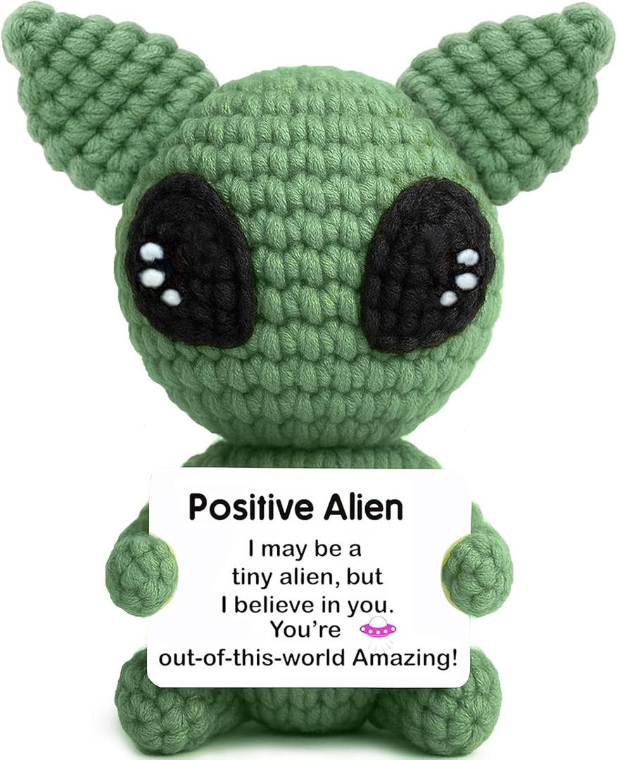 Unique Positive Alien Mini Crochet Alien with Uplifting Message Card Easter Basket Stuffers Funny Alien Birthday Anniversary Graduation Gift Men Women Grandfather Friends(Dark Green)