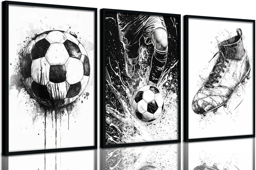 Framed Soccer Wall Art Black and White Soccer Wall Decor Football Sports Poster Print Artwork Modern Sports Theme Painting Picture for Stadium Boys Room Living Room Bedroom Home Decoration
