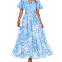 ZESICA Women's 2026 Summer Floral V Neck Midi Beach Dress Blue XL (XL)