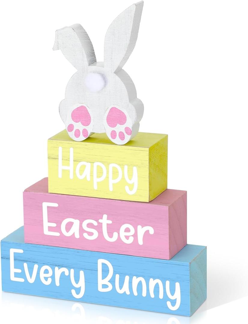 4 Pcs Easter Table Decoration Happy Easter Every Bunny Wooden Block Sign Pastel Bunny Centerpiece Spring Wood Blocks Tiered Tray Decor for Home Kitchen Tabletop Display