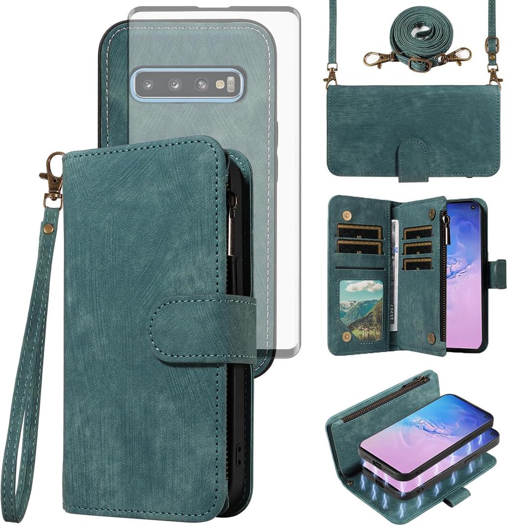 Asuwish Phone Case for Samsung Galaxy S10 Zipper Wallet Detachable Magnetic Cover with Tempered Glass Screen Protector Crossbody Lanyard Strap Card Holder Slot S 10 Edge 10S GS10 X10 Women Girls Blue