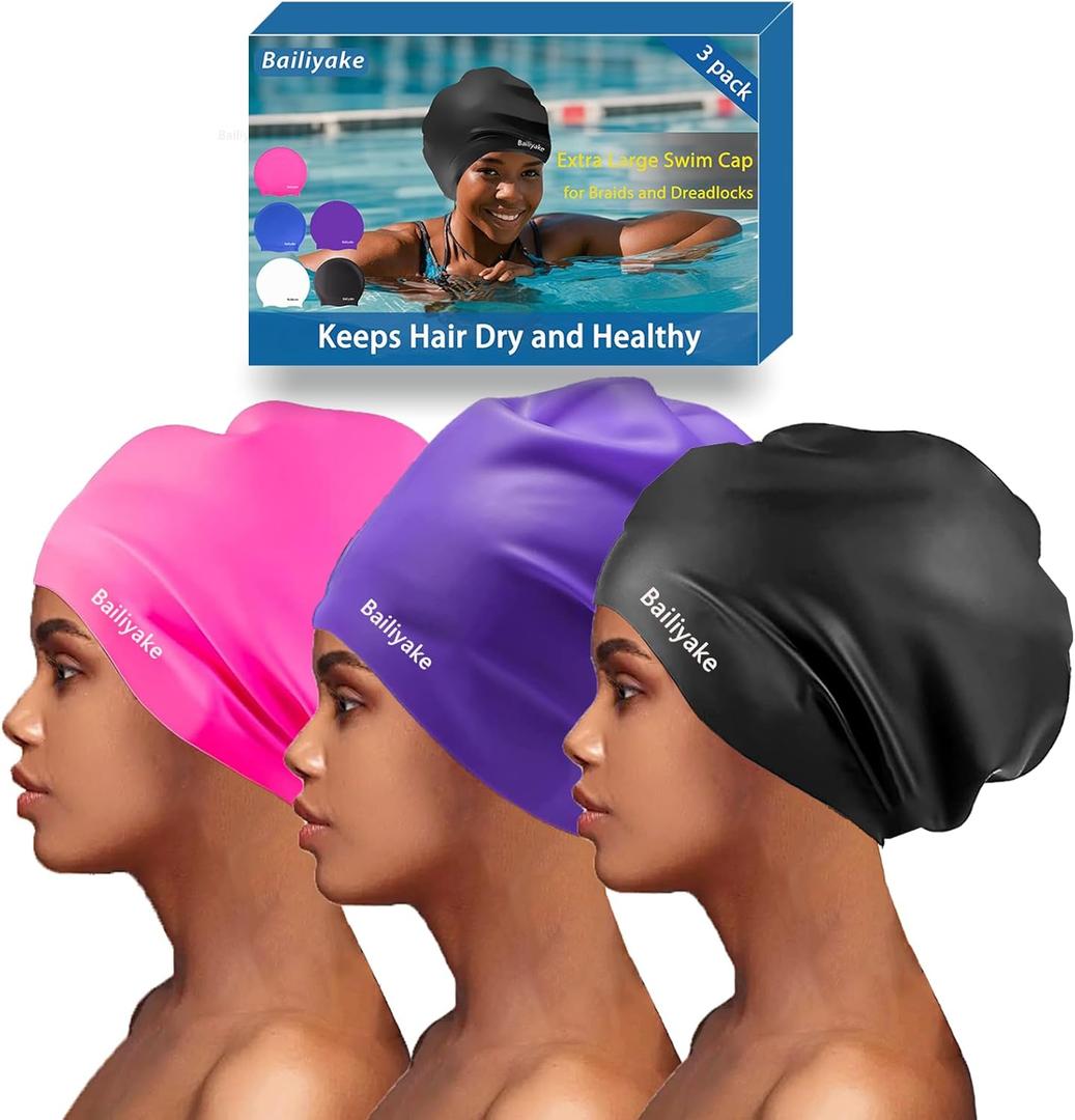3 Pack Extra Large Swim Cap for Braids & Dreadlocks - Waterproof Silicone Swim Hat for Women with Long Thick Hair, Protective Swim Cap Cover Ears for Swimming, Shower, Bathing (Black+Pink+Purple)