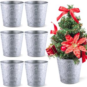 Zhehao 6 Pcs Christmas Galvanized Bucket 5.9'' Metal Basket Bucket Planters Pot Decorative Tin Farmhouse Vintage Flower Holder Decor for Xmas Home Outdoor Indoor(Classic Style)