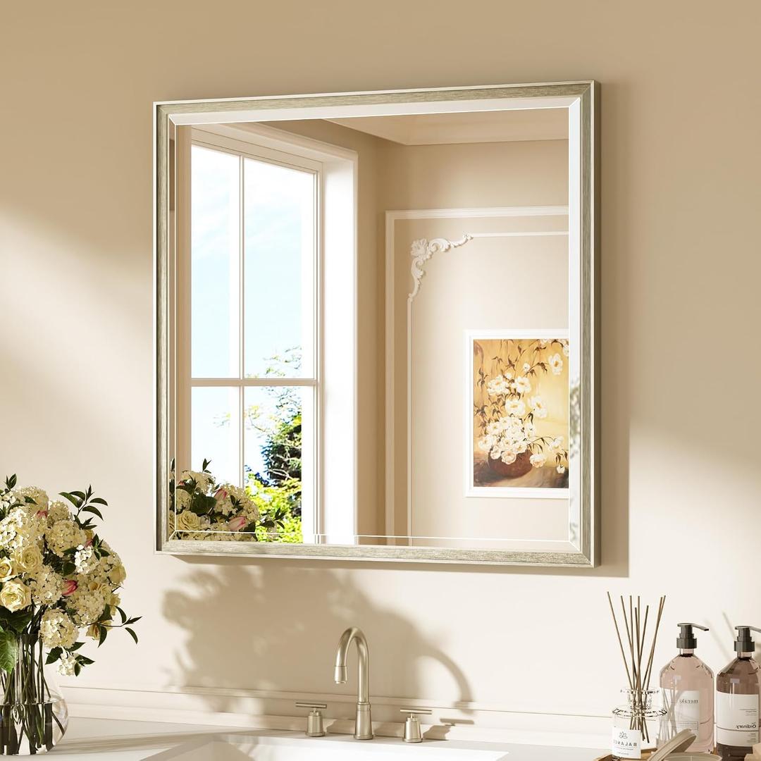 Keonjinn 30"x30" Square Brushed Nickel Bathroom Mirrors, HD Tempered Glass