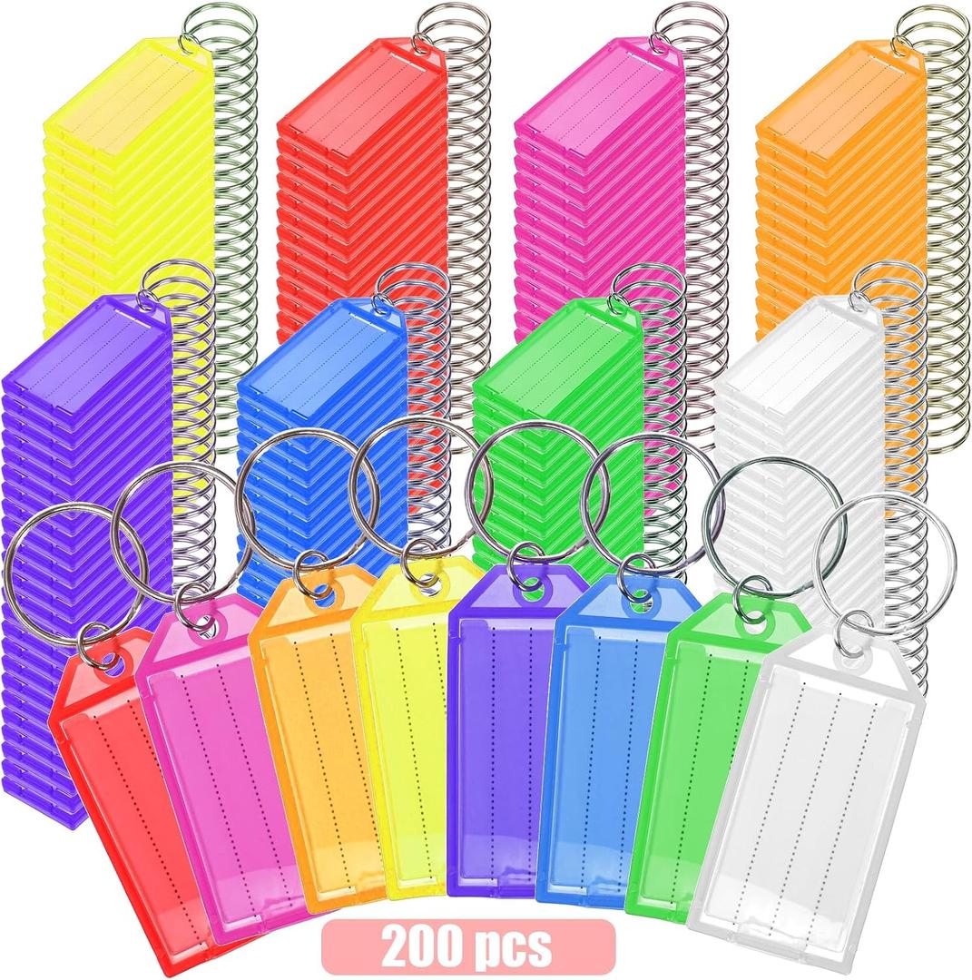 Yarlung 200 Pcs Plastic Key Tags, Key Label Window with Split Ring and Ruled Blank Label Paper, Name Tags Cover Key Chain Identifiers for Luggage, Backpack, 8 Colors, 2.3"L x 1.2"W