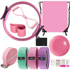 Pilates Essentials Kit for Women - Better Yoga Pilates Kit for Home Workouts with Pilates Ring and Ball Set, Booty Bands, Figure 8 Resistance Band, Yoga Bands for Stretching (Pink)