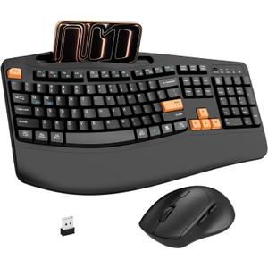 Wireless Keyboard and Mouse Combo, 2.4G Full Size Wave Keys Ergonomic Keyboard with Wrist Rest, Phone Holder, 3-Level DPI Wireless Silent Mouse with 6-Buttons, for Windows, Mac OS (Orange Black)
