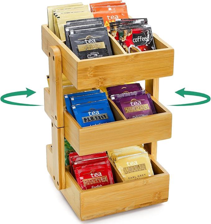 Yopay Tea Bag Organizer Rotating, Bamboo Tea Station Organizering for Counter, 3 Tiers Spinning Lazy Susan Tea Stand Caddy for Kitchen, Bar, Cabinet Pantry Shelf Organizer