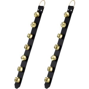 Frienda Hanging Jingle Sleigh Bells 7-Bell Dog Doorbells for Door Knob Faux Leather Belts Go Outside Dog Bells Christmas Decor and Holiday Decorations, 18.7 x 1.8 x 1 Inches(Black with Gold)