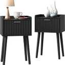 LAATOOREE Nightstand Set of 2, Small Bed Side Table with Fluted Door, End Table with Solid Wood Legs, Mid-Century Bedside Table for Bedroom Small Space (Black)
