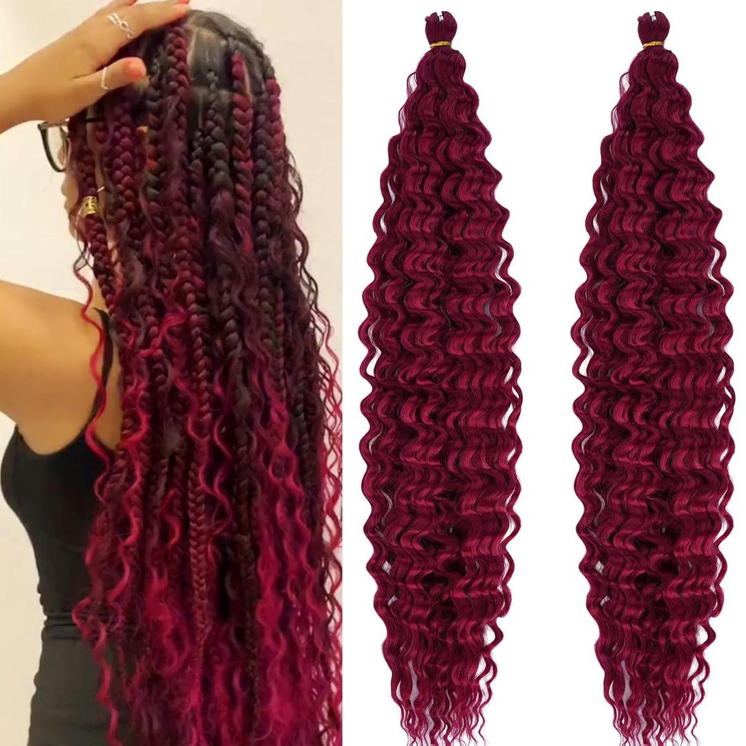 Deep Wave Crochet Hair Ocean Wave Braiding Hair Boho Braids Synthetic Burgundy Curly Wavy Braiding Hair Pre Stretched 24 Inch 2 Packs Bohemian Crochet Braids Hair Extensions