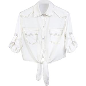 SeekMe Womens Denim Shirts Tie Front Crop Top Button Down Chambray Jean Shirts (Size X-Large, White)