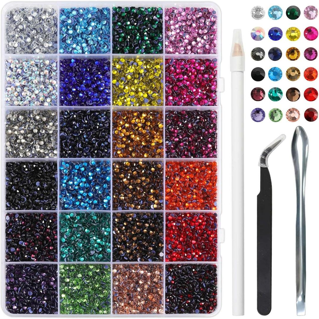 BEADSLAND Hotfix Rhinestones Mixed 24 Colors, SS10 Rhinestones for Crafts Clothes, Hotfix Crystals with 1 Tweezers, 1 Wax Pencil and 1 Spoon