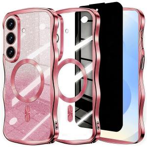Glitter for Galaxy S26 Case with Camera Lens Protector,[Privacy Screen Protector] Bling Sparkle Protective Magnetic Phone Case for Women Shiny Gradient Cover for Galaxy S26 Pink