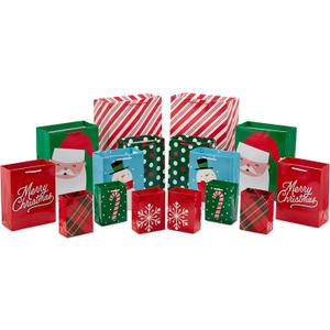 Hallmark Image Arts Assorted Holiday Gift Bag Bundle (16 Bags: 6 Small 5", 6 Medium 8", 2 Large 11", 2 XL 14") Red and Green, Santa, Stripes, Polka Dots, Snowmen, Snowflakes