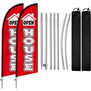 2 Pack Open House Flags, 8FT Open House Signs for Real Estate with Flagpole Kit, Ground Stake, Open House Feather Flag Banner for Events, Advertising, Indicators, Outdoor Advertising (red)