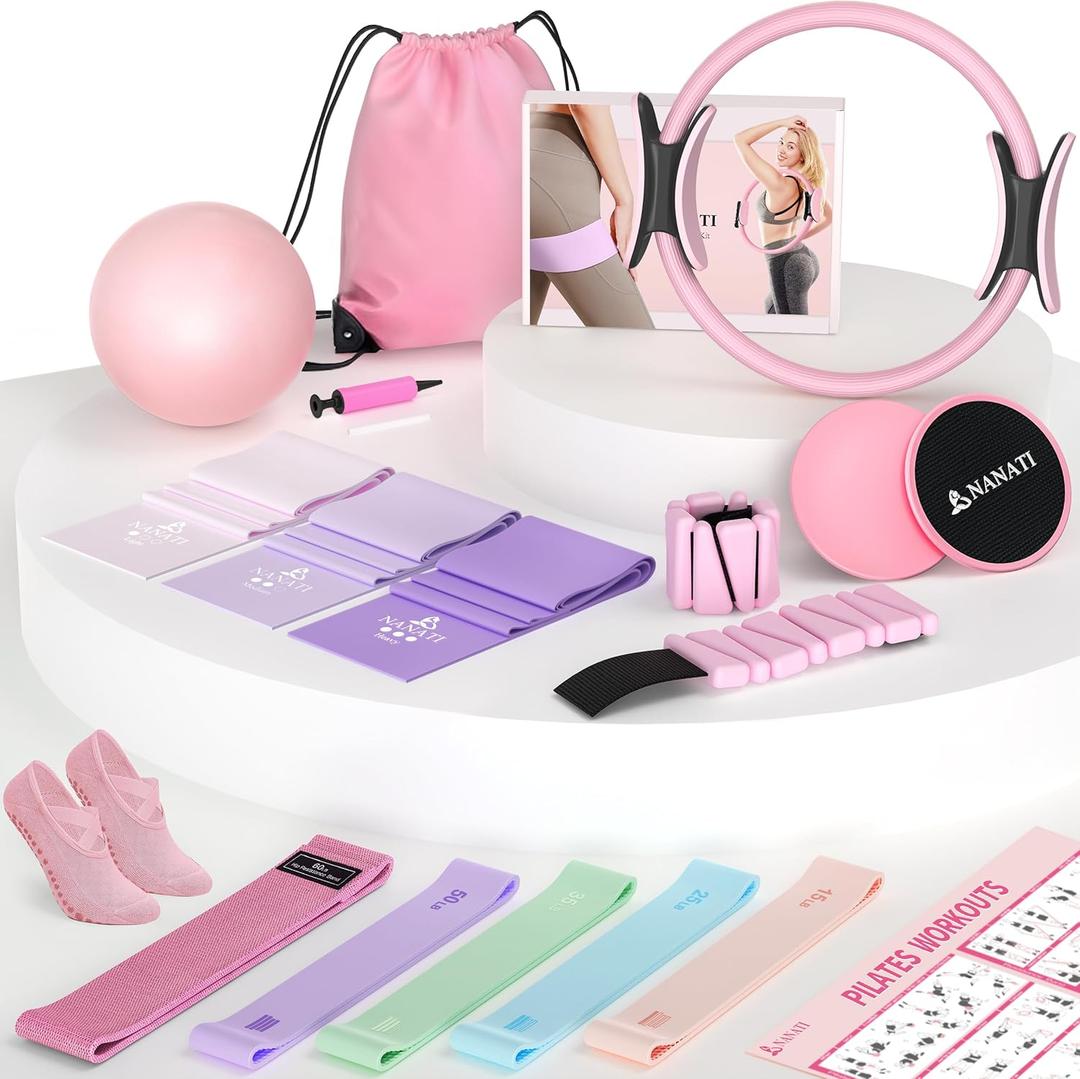 Pilates Kit, Home Pilates Workout Kit for Women, Pilates Equipment with 14.5" Pilates Ring and Ball, Resistance Bands, Ankle Weights, Sliders & Grip Socks Accessories for Starter Home Workouts (Pink)