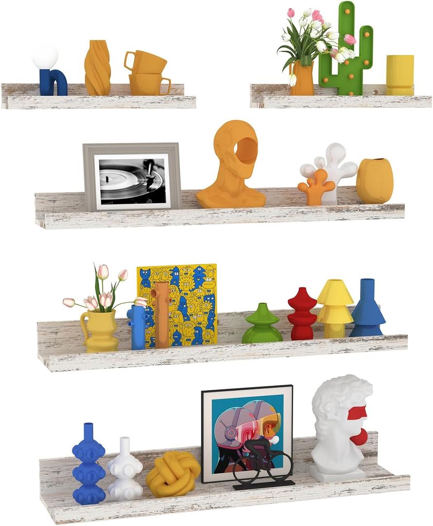 Lyeasw Rustic White Floating Shelves for Wall 24 Inch Long, Set of 5 Tiered-Depth Wall Shelves, Picture Ledge Shelf for Living Room, BedroomKitchen, Office, Bathroom, Nursery