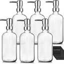 6 Pack Glass Soap Dispenser with Pump 17 oz Refillable Liquid Hand Soap Dispensers for Bathroom Kitchen Liquid Bottle with Labels for Dishwashing Soap Shampoo Body Wash Facial Cleanser Lotion,Clear