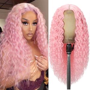 Long Pink Curly Wig for Women 26 Inch Middle Part Synthetic Pink Wigs Upgraded Protein Fiber Hair Replacement Wig Cosplay Costume Halloween Colorful Wigs