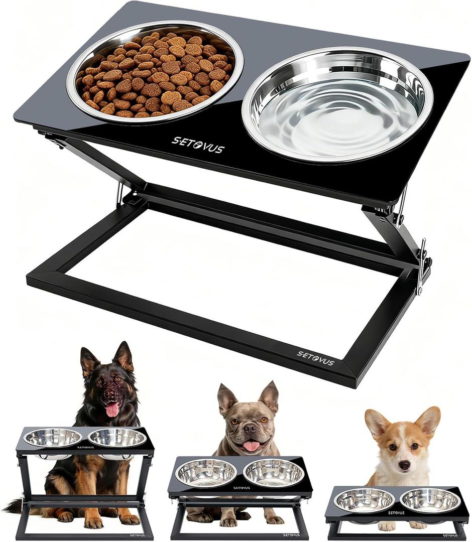 Elevated Dog Bowls, Adjustable Raised Dog Bowl Stand with 2 Stainless Steel Food Bowls 20Tilted Water Bowls for Small Sized Dogs and Cats (Black, Small)
