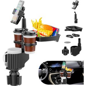 2024 Upgraded 6-in-1 Car Cup Holder - in with Food Tray Table with 2 Phone Holder, 360 Rotation, 3 Cup Holders, Road Trip & Car Traveling Essential Gadget (6-in-1)