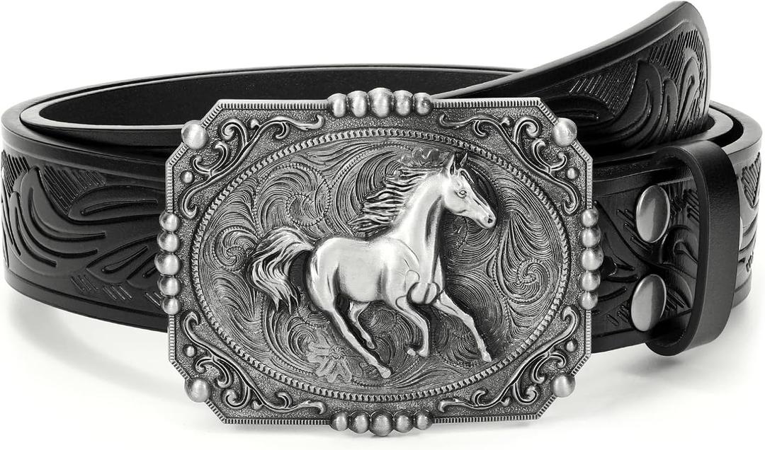 BELTROAD Western Leather Buckle Belt for Men Women Cowboy Cowgirl Country Leather Belts for Jeans Western Belts Men Christmas (Black)