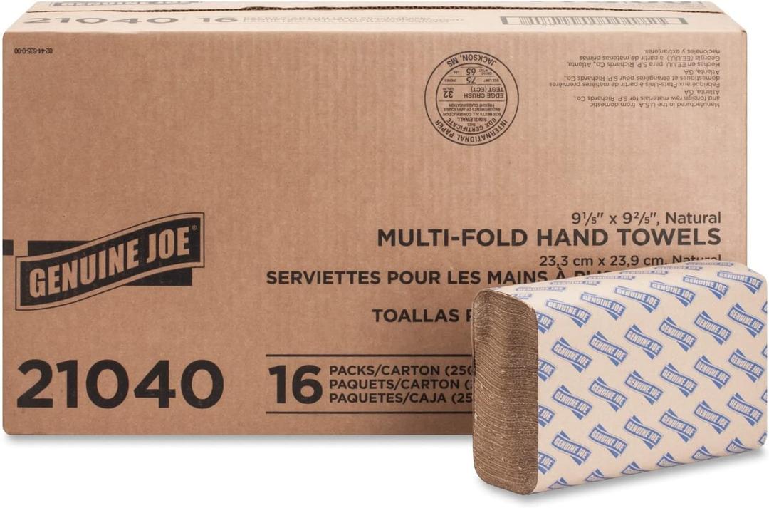 Genuine Joe 21040 Multifold 1-Ply Towels, 250 Sheets/Pack - 16 Packs/Carton, Natural