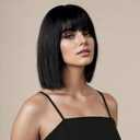 SUKRI Short Black Straight Wig with Bangs Black Wigs for Women Bob Shoulder Length Wigs Heat Resistant Fiber Synthetic Hair Wigs Hair Replacement Natural Looking(12INCH)